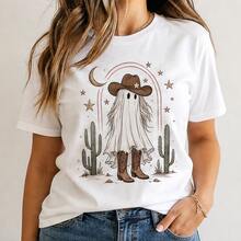 Playera mujer estampada estilo western, camiseta femenina manga corta cuello redondo, blusa casual cómoda con vaquera fantasma, luna, cactus y estrellas, ideal para concierto, rodeo, viaje, fiesta temática, uso diario, outfit con botas y mezclilla, regalo para mujer, tallas chicas medianas grandes y extra, top suave para verano, otoño y fin de semana - Blanco - Ver 1