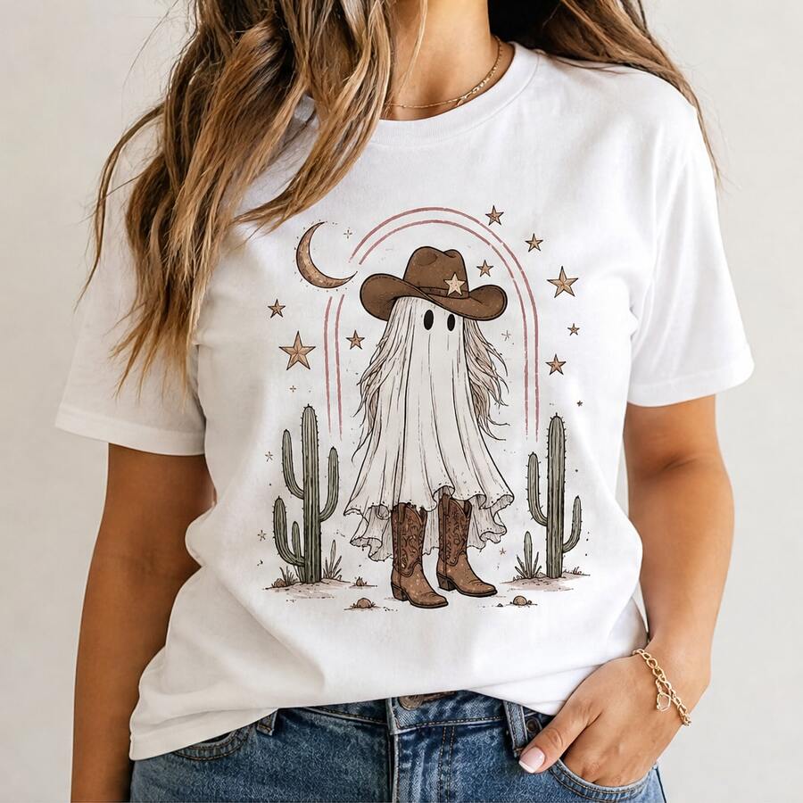 Playera mujer estampada estilo western, camiseta femenina manga corta cuello redondo, blusa casual cómoda con vaquera fantasma, luna, cactus y estrellas, ideal para concierto, rodeo, viaje, fiesta temática, uso diario, outfit con botas y mezclilla, regalo para mujer, tallas chicas medianas grandes y extra, top suave para verano, otoño y fin de semana - Blanco - Ver 1