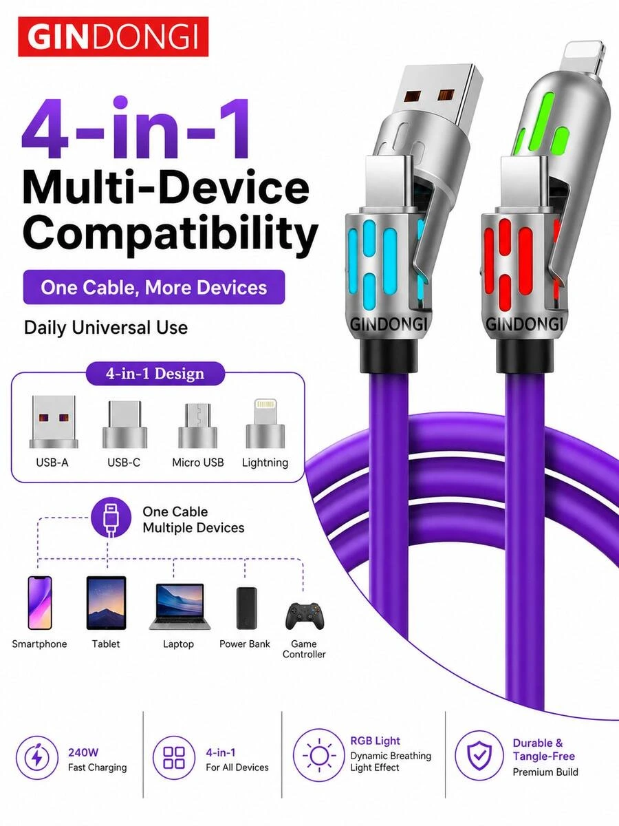 1pc 2M 240W 4 In 1 RGB Charging Cable Multi Connector USB C Lightning Micro USB Data Cable With Color Light USB A To Type C Fast Charging Cord For Phone Tablet Laptop Car Office Travel Daily Use - View 1