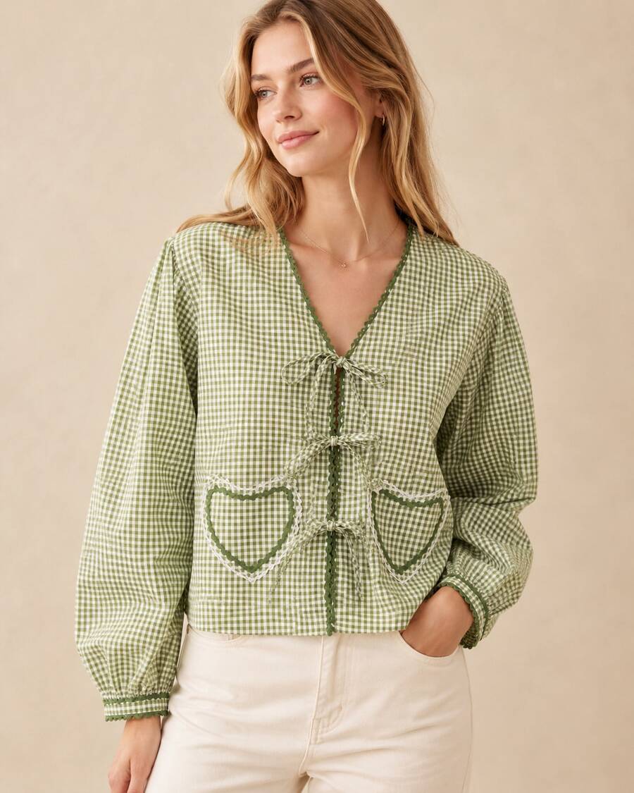 Women's Shirt/ Checkered/ Heart Detail / Front Tie.S2135 - màu xanh lá - Xem 1