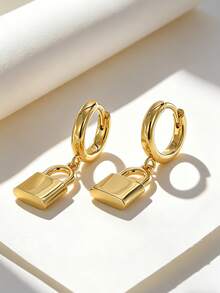 Charm-In 18K Gold Plated Lock Dangle Huggie Earrings, 3D Padlock Charm, Statement Jewelry For Women - Gold - View 3