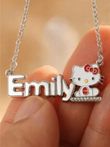 Miniso Collier pendentif Hello chat Emily 1 pièce, ton argent, ajustable, léger et confortable, pour femmes, cadeau d'anniversaire quotidien - style1 - Voir 2