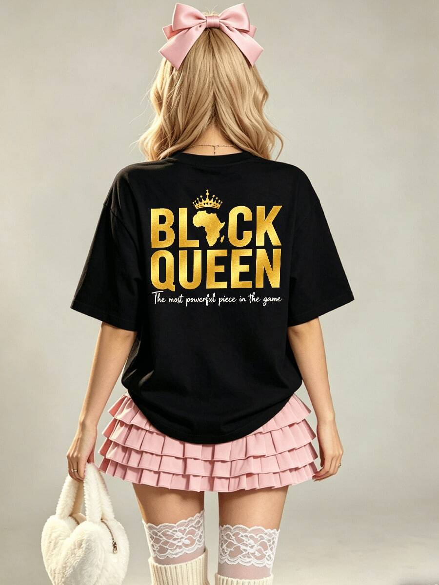 Camiseta de manga corta con cuello redondo suave y casual para mujer, con estampado gráfico del mapa de África, ideal para primavera y verano. - Negro - Ver 1