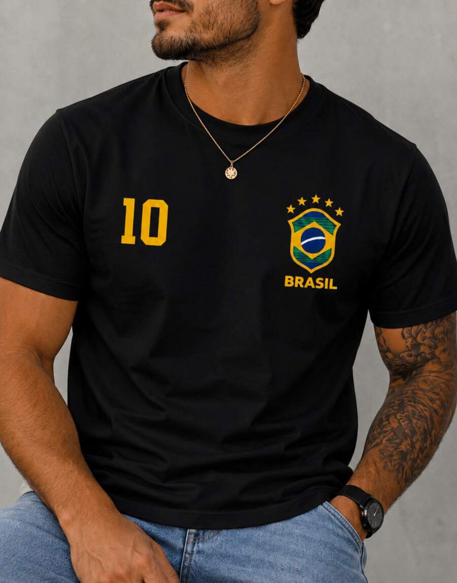 Men's Oversized Brazil T-Shirt, World Cup 2026, Brazilian National Team Shirt, Number 10, Football Print, Casual Streetwear Shirt, 100% Premium Cotton, Fashionable T-Shirt, Brazil Fan Color, Green And Yellow, Unisex, - 黑色 - 查看 1