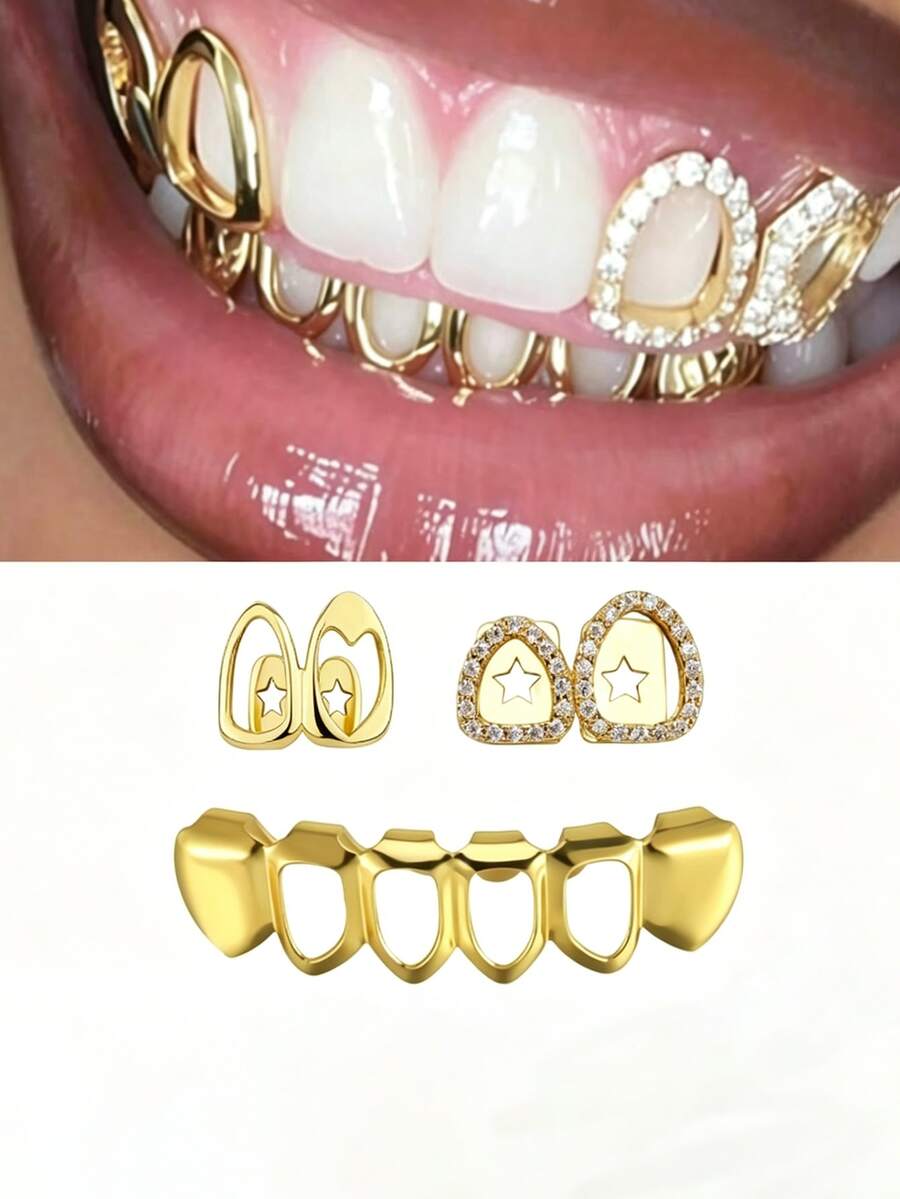 1 Set Fashion Women's Hip-Hop Style Rhinestone Hollow Heart & Teeth Decor, Carnival Party Accessories, Unisex Gift, Including Wearing Auxiliary Dental Wax - Gold - View 1