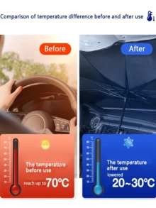 1件夏季防曬車用遮陽傘，可折疊反光遮陽傘，適用於汽車前擋風玻璃，大尺寸UV防護遮陽傘，適合所有尺寸汽車前擋風玻璃，加厚鈦銀隔熱防UV遮陽傘 - A - 查看 9