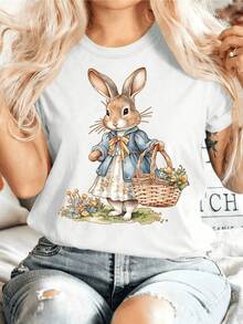Cute Rabbit In A Blue Jacket Holding A Basket Of Flowers On Colorful Grass. Casual, Comfortable, And Modern Women's T-Shirt. - 白色 - 查看 1