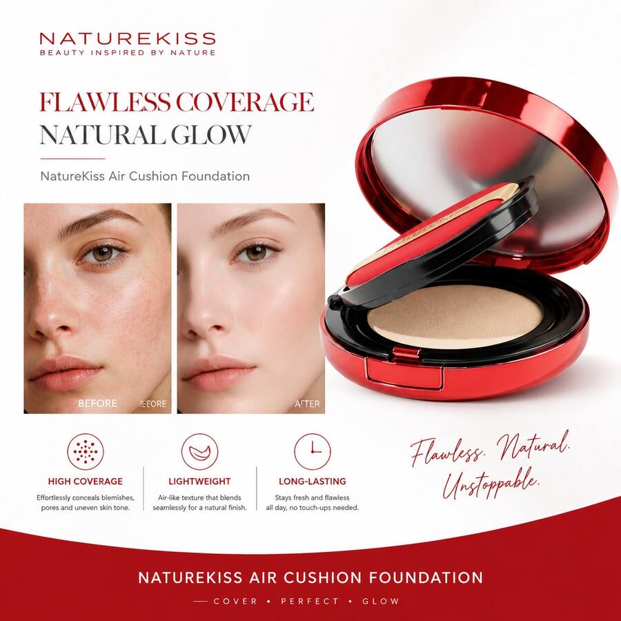 NatureKiss 15克轻盈持久气垫粉底,轻盈丝滑,遮瑕力强,持久不脱妆 - 紅色 - 查看 1