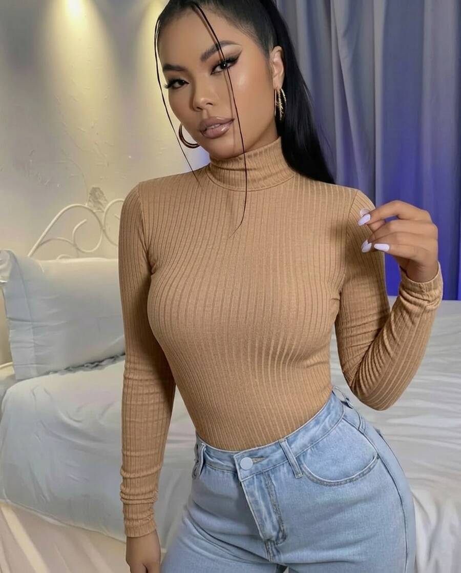Women's Long Sleeve Ribbed Turtleneck Turtleneck Blouse For Winter - Beige - View 1