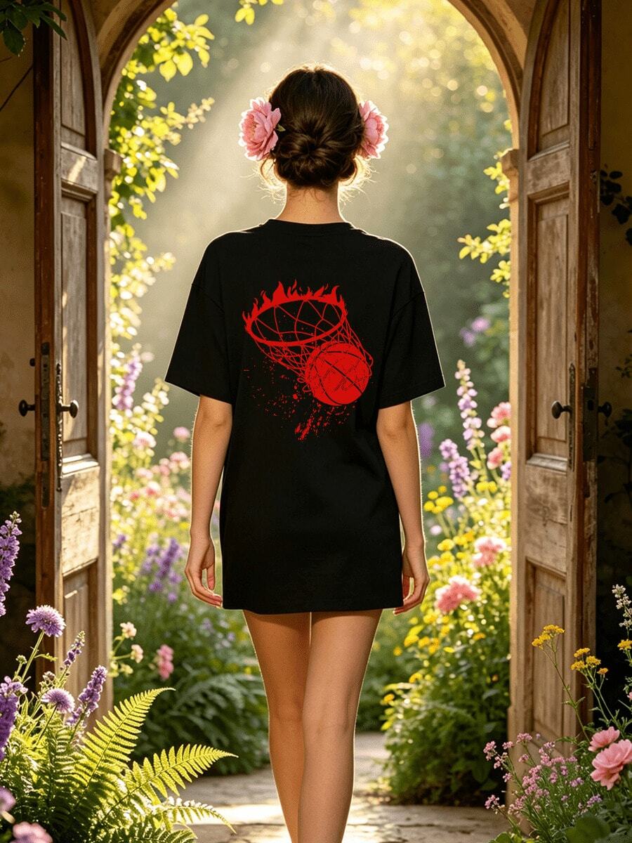 Women's Summer Casual Soft Round Neck Short Sleeve T-Shirt,Red Fire Basketball Hoop Print Graphic For Spring And Summer Wear. - Noir - Voir 1