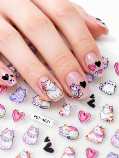 1 pieza Pegatinas de uñas con relieve, delgadas y resistentes, con diseño de gato y corazón en acuarela, tema de dibujos animados, efecto brillante y brillante, forma asimétrica, adecuadas para manicura de mujer, cuidado de los pies, decoración festiva