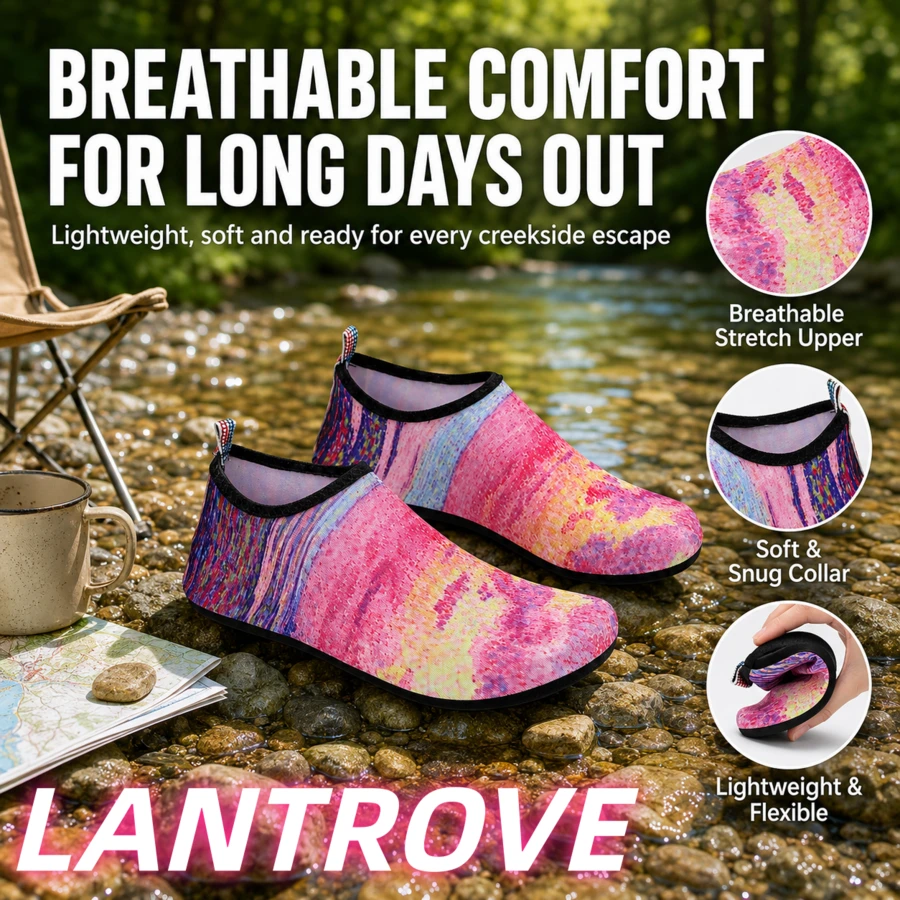 LANTROVE Pink Women's Water Shoes With Lavender Pattern, Perfect For Swimming, Surfing, Diving, And Other Water Sports – A Must-Have For Summer Beach Activities. - 026粉色 - 查看 1