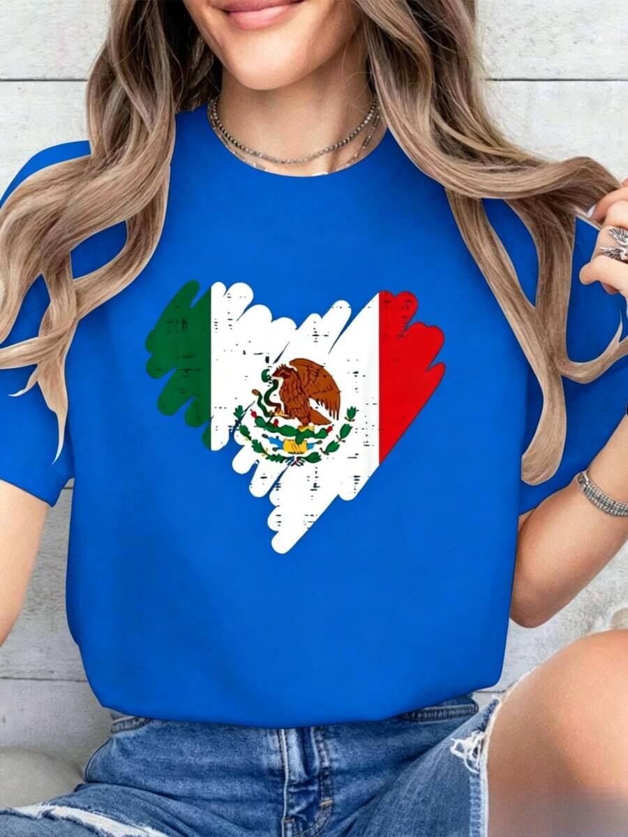 Cotton T-Shirt With Mexican Flag And Heart Print For Women, Girls And Boys, For Mexican Independence Day, Summer, Soft Short Sleeve T-Shirt For Women, Modern And Comfortable. - 藍色 - 查看 1