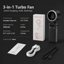 Portable Handheld Turbo Fan, 5000mAh Battery Operated, Up To 12 Working Hours, 5 Gear Wind, LED Display, 180-Degree Foldable, 3-In-1 Hand Fan, Rechargeable Stylish Fan With Air-Turbo-Tech Cooling For Outdoor Activities, Travel, Work&Beach Trip Essentials - 3-in-1 Fan (Hand, Neck & Desk) - 查看 10