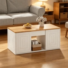 Mesa de centro para sala de estar, 46 x 95 x 45 cm, altura ajustável até aproximadamente 59 cm, com duas portas de armário e design minimalista. Mesa lateral em madeira natural, mesa de centro, escrivaninha. - Branco - Ver 3
