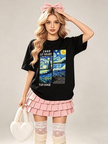 Camiseta de manga corta con cuello redondo suave y casual de verano para mujer, estampado gráfico de arte "La noche estrellada" de Van Gogh 1889 para usar en primavera y verano. - Negro - Ver 1