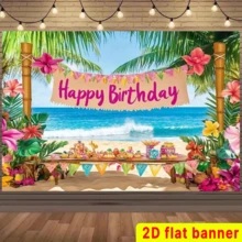 2D Flat Banner1 Piece Of Tropical Hawaiian Beach Birthday Party Backdrop - Featuring Vibrant Palm Trees, Colorful Flowers, Seascapes And A "Happy Birthday" Banner. Perfect For Summer Celebrations, Photo Props And Party Decorations. - View 4