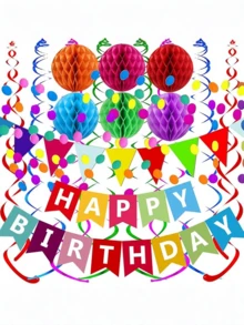 1 Set Neutral Happy Birthday Banner, Includes Colorful Paper Flags, Paper Ring Garland, Sequin Garland, Spiral Streamers And Honeycomb Balls, Complete Hanging Party Decoration Set, Suitable For Birthday, Baby Shower, Anniversary, Holiday Celebration Supplies - Multicolor - View 1