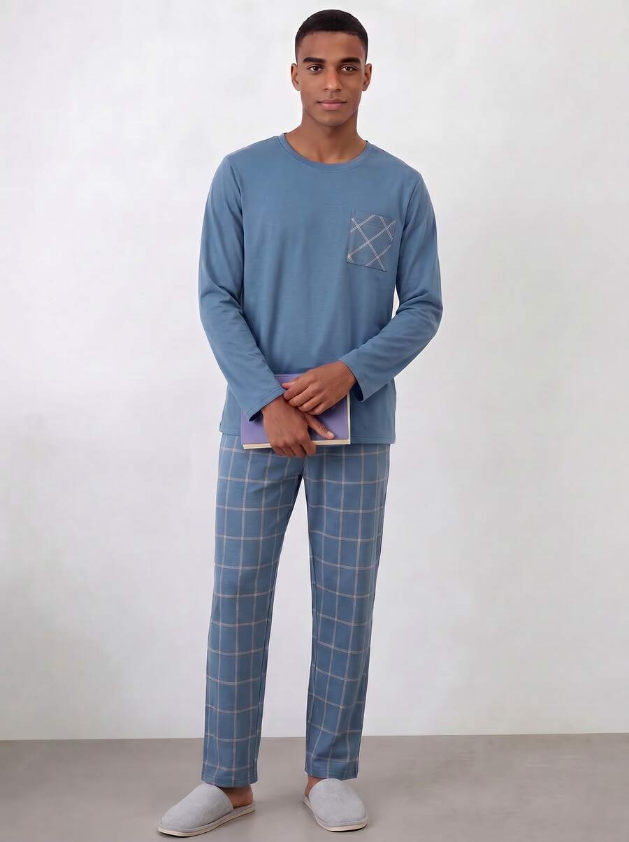 Snug League 男士休闲宽松纯色圆领套头睡衣套装,浅色简约家居服长袖上衣和裤子,情人节和新年礼物,秋冬服装 - 水鴨藍 - 查看 1