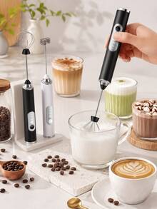 1件裝手持式電動奶泡器，黑白配色，適用於咖啡、牛奶、雞蛋、熱巧克力，附2個可替換不鏽鋼攪拌頭，3段速度調節，USB充電 - 彩色 - 查看 2