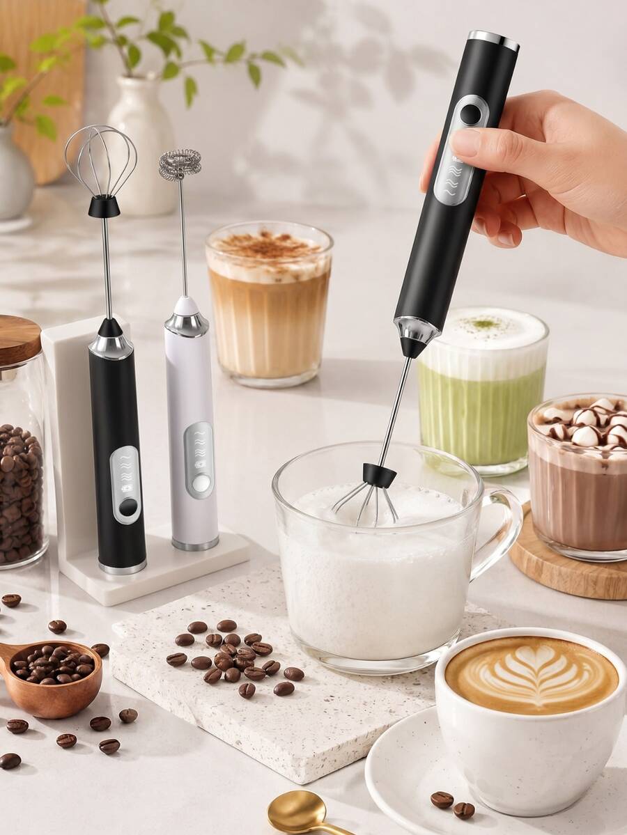 1件裝手持式電動奶泡器，黑白配色，適用於咖啡、牛奶、雞蛋、熱巧克力，附2個可替換不鏽鋼攪拌頭，3段速度調節，USB充電