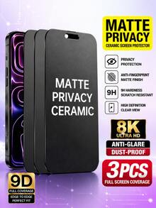3-Pcs Full Screen Matte Privacy Ceramic Screen Protector, Upgraded Edge Protection, Anti-Fingerprint, Easy Installation, Case Friendly, Compatible With IPhone 17 Pro Max/17 Air/17/16 Pro/16/15 Pro Max/15/14/14 Plus/13 Pro/13/12/XS Max/XR Series - Black - View 6