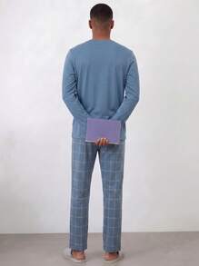 Snug League 男士休闲宽松纯色圆领套头睡衣套装，浅色简约家居服长袖上衣和裤子，情人节和新年礼物，秋冬服装 - 水鴨藍 - 查看 6
