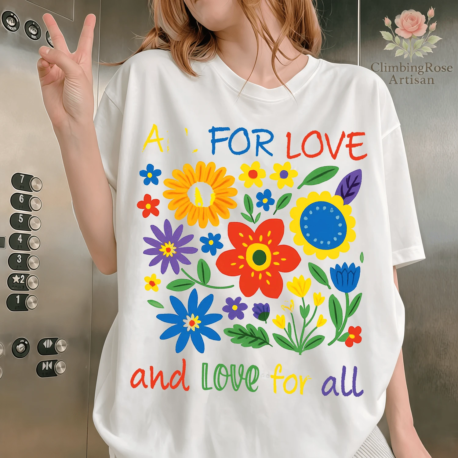 "All For Love, Love For All" T-Shirt, LGBT Rainbow Floral Design, LGBT T-Shirt, LGBT Pride Flag T-Shirt, LGBT Sweatshirt, Pride Love T-Shirt, LGBTQ Pride T-Shirt, New For 2026, "All For Love And Love For All" T-Shirt, Floral Graphic Pride T-Shirt - 白色 - 查看 1