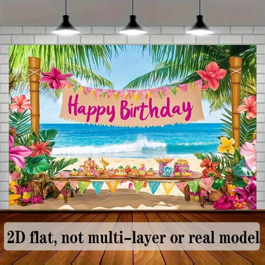 2D Flat Banner1 Piece Of Tropical Hawaiian Beach Birthday Party Backdrop - Featuring Vibrant Palm Trees, Colorful Flowers, Seascapes And A "Happy Birthday" Banner. Perfect For Summer Celebrations, Photo Props And Party Decorations.