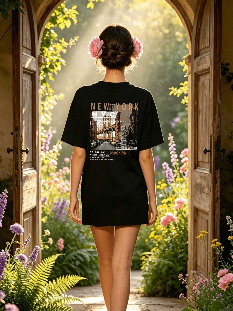 Women's Summer Casual Soft Round Neck Short Sleeve T-Shirt,The New York City Street Print Graphic Fits Spring And Summer Casual Wear. - 黑色 - 查看 1