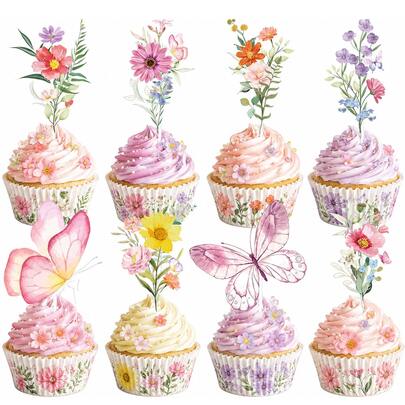 8/16/24pcs Floral Butterfly Cupcake Toppers, Spring Floral Cake Decorations, Suitable For Birthday Party, Wedding, Baby Shower Cake Topper Supplies, Elegant Garden Theme Party Gifts