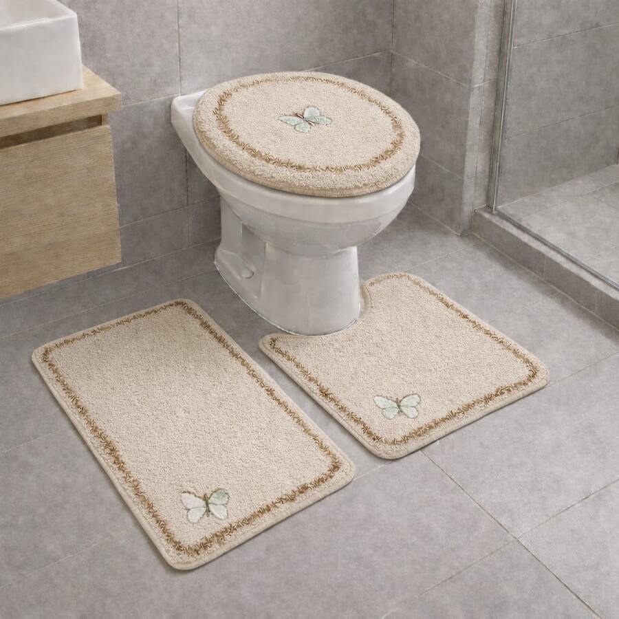 Bathroom Mat Set 3 Pieces Delicato Non-Slip Soft Plush Washable Various Colors - 乳霜 - 查看 1