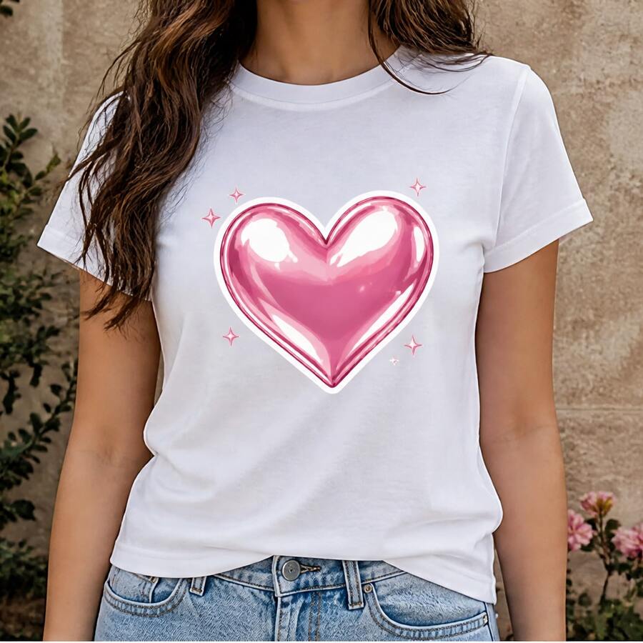 Playera mujer con estampado de corazón rosa brillante, camiseta dama manga corta cuello redondo, blusa casual romántica para San Valentín, aniversario, cita o uso diario, top femenino juvenil, playera oversize mujer, camiseta gráfica cute, ropa para mujer cómoda, regalo para novia, esposa o amiga, outfit con jeans, falda y tenis - Blanco - Ver 1
