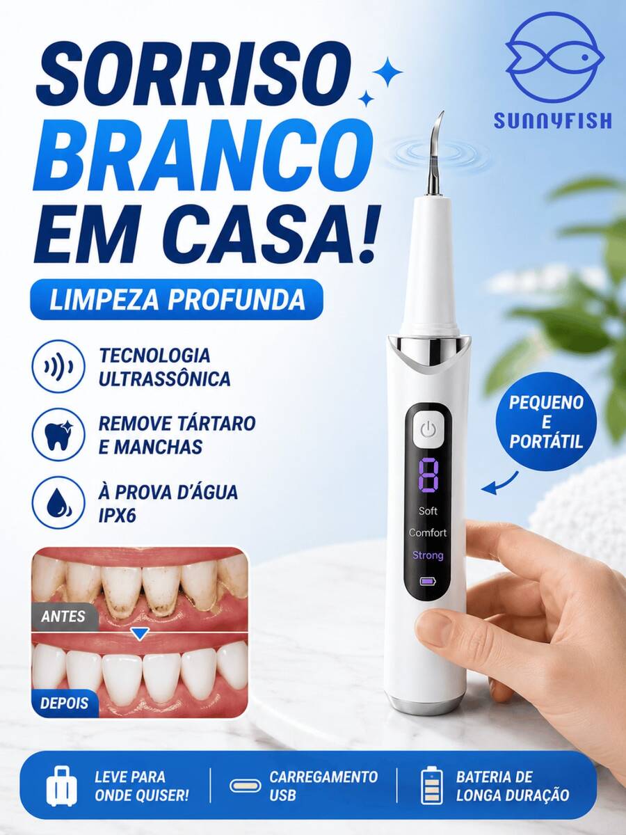 Limpador Dental Ultrassônico Portátil, Removedor de Tártaro e Manchas, Clareador Dental Doméstico