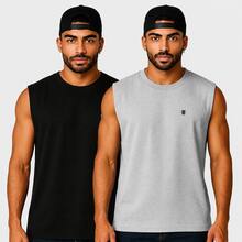 Kit 2 Camisetas Regata Oversized Masculina Streetwear Treino 100% Algodao Premium - Cinza/Preto - Visão 1