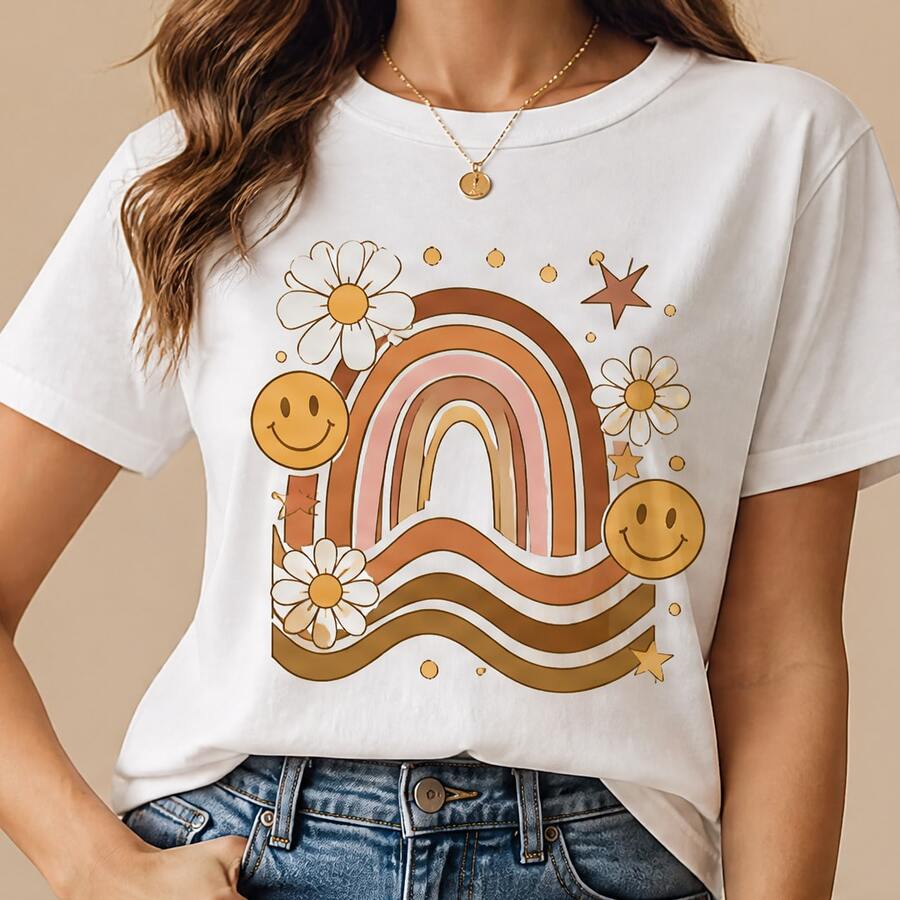 Playera para mujer estampado retro arcoíris y margaritas, camiseta femenina manga corta, blusa casual para dama, top juvenil vintage, ropa cómoda de mujer, camiseta cuello redondo, playera positiva con diseño colorido, blusa ligera para diario, outfit casual para escuela, viaje, paseo, vacaciones y fin de semana, regalo para amiga novia hermana hija o maestra - Blanco - Ver 1