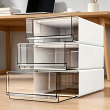 Caja de almacenamiento de escritorio estilo cajón minimalista, diseño apilable de múltiples compartimentos, adecuada para cosméticos, artículos de papelería y documentos de oficina, perfecta para dormitorios, tocadores y oficinas en casa, organizador de escritorio esencial para la vuelta a la escuela - Blanco - Ver 9