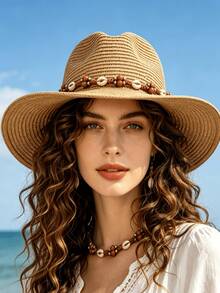 1 pieza Sombrero de vaquero de paja bohemio / Vacaciones en la playa / Unisex / Accesorio para mujer, Regalo de cumpleaños para amigos - Multicolor - Ver 1