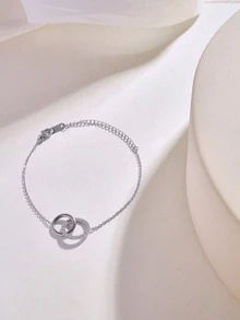 18K鍍金金色疊層手鍊 精緻優雅鏈條可愛手鍊 女款女童款 雙層幾何環鏈手鍊 約會送禮首選 - 雙環鋯石銀色 - 查看 4
