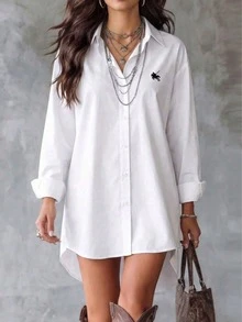 Plus Size White Woven Shirt With Embroidered Collar, Drop Shoulder Design And Asymmetric Hem - White - View 3