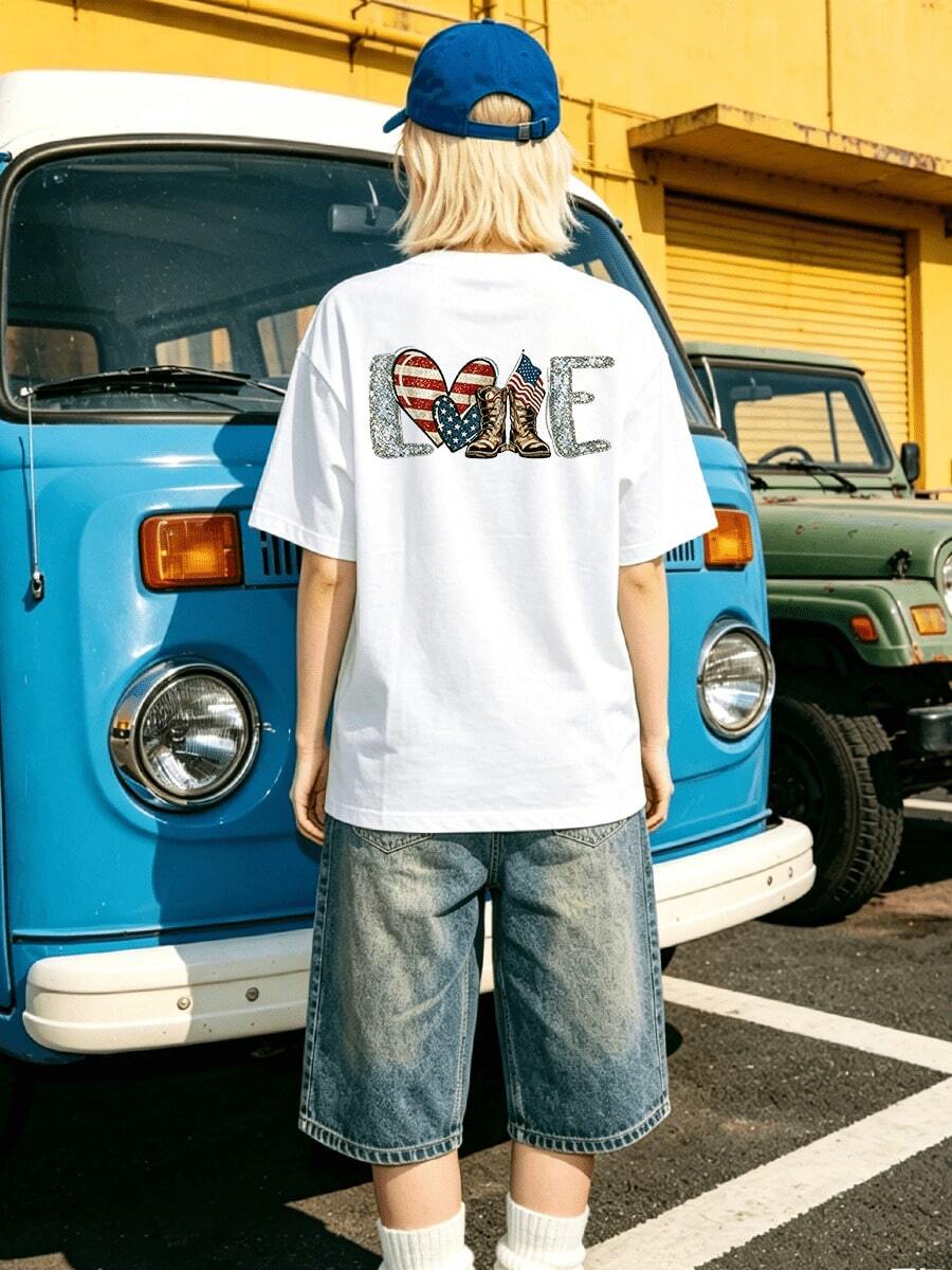 Women's Summer Casual Soft Round Neck Short Sleeve T-Shirt,The Patriotic Love With Boots Print Graphic Fits Spring And Summer Wear. - Blanco - Ver 1