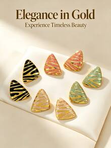 4 Pairs Elegant Style Stainless Steel Triangle Enamel Gold Earrings, Geometric Pattern Vintage Exquisite Office Earrings. Simple Fashion Stainless Steel Earrings Suitable For Women's Daily Wear, Also A Great Gift For Female Friends. (Optional 1/4) - Multicolor - View 3