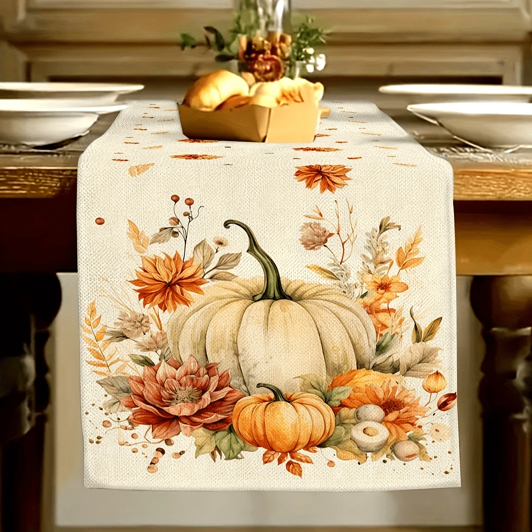 1pc Fall Watercolor Pumpkin & Floral Print Table Runner, Rustic Farmhouse Style Table Runner, Machine Washable Dining Table Scarf For Autumn Harvest, Thanksgiving, Everyday Home Decor - Multicolor - View 1