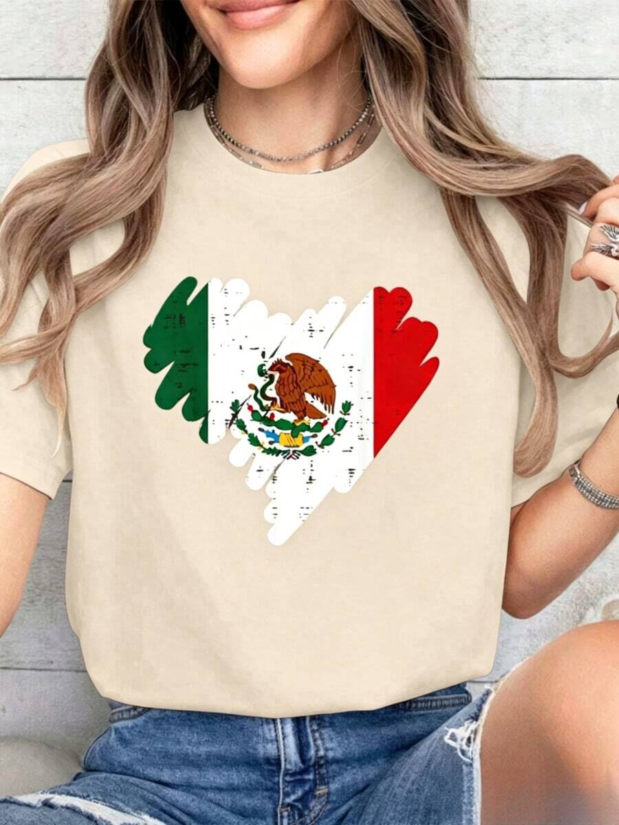 Cotton T-Shirt With Mexican Flag And Heart Print For Women, Girls And Boys, For Mexican Independence Day, Summer, Soft Short Sleeve T-Shirt For Women, Modern And Comfortable. - 杏色 - 查看 1