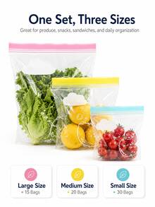 65PCS Reusable Stand-Up Storage Bags Set, Clear Double-Seal Zipper Bags With Wide Bottom, Small Medium Large Sizes For Kitchen, Fridge, Travel, Snacks, Produce And Home Organization - View 9