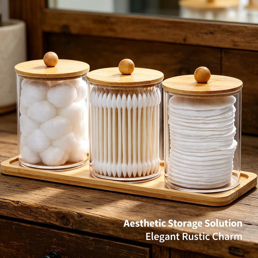 Fully Upgraded Tbestmax 10 Oz Cotton Swab/Ball/Pad Holder With Vanity Tray, Qtip Apothecary Jar, Bathroom Containers Dispenser Storage 3 Pack Wood Lids - Phiên bản nâng cấp mới - Xem 1