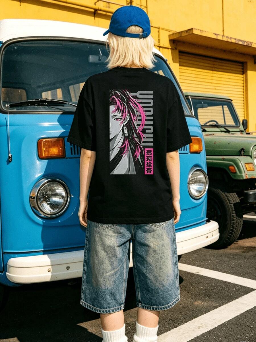 Women's Summer Casual Soft Round Neck Short Sleeve T-Shirt,The Pink Hair Anime Character Print Graphic Fits Spring And Summer Wear. - Black - View 1