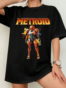 Unisex Metroid Samus Aran Watercolor Style T-Shirt, Modern Gaming Design - 黑色 - 查看 9