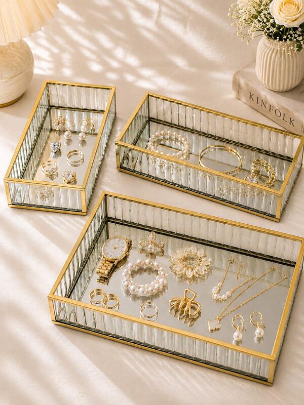 1pc Luxury Gold Iron Frame Striped Glass Storage Tray, Mirrored Base Bathroom Vanity Organizer, Suitable For Skincare, Perfume, Cosmetics And Home Decor