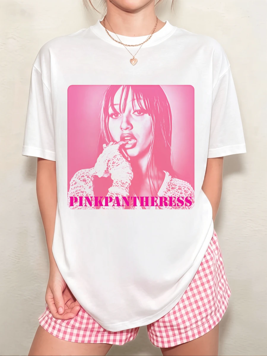 Unisex PinkPantheress Portrait T-Shirt, American Y2K Style, Relaxed Fit - 白色 - 查看 1